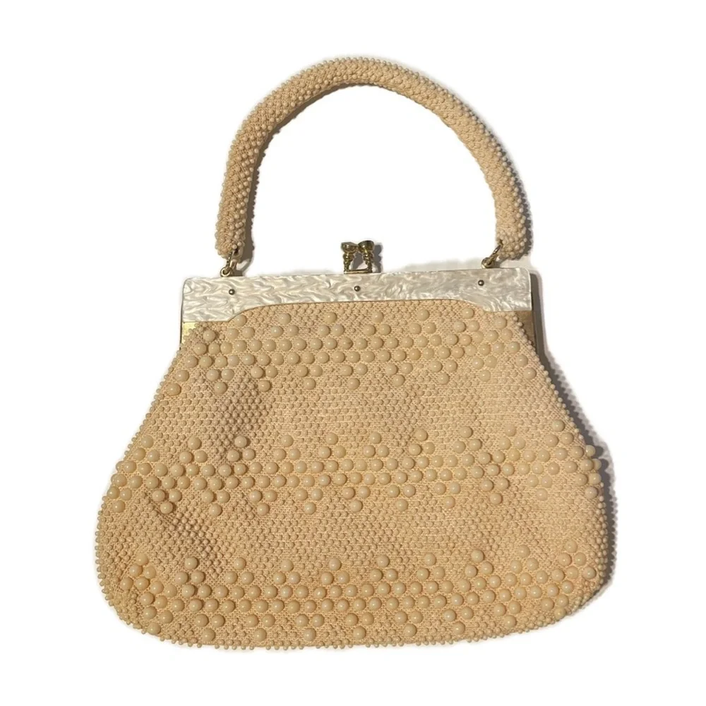 Vintage Hong Kong Beaded Evening Bag Ivory Pearl Top Handle Purse